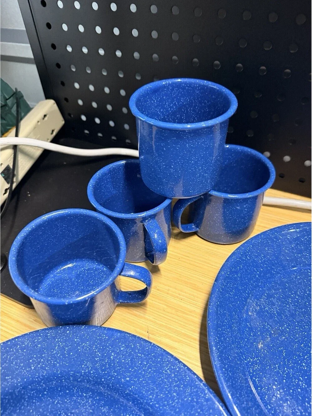 Blue Speckled 9 piece Camping Dish Set for 4 hiking skillet plates cups